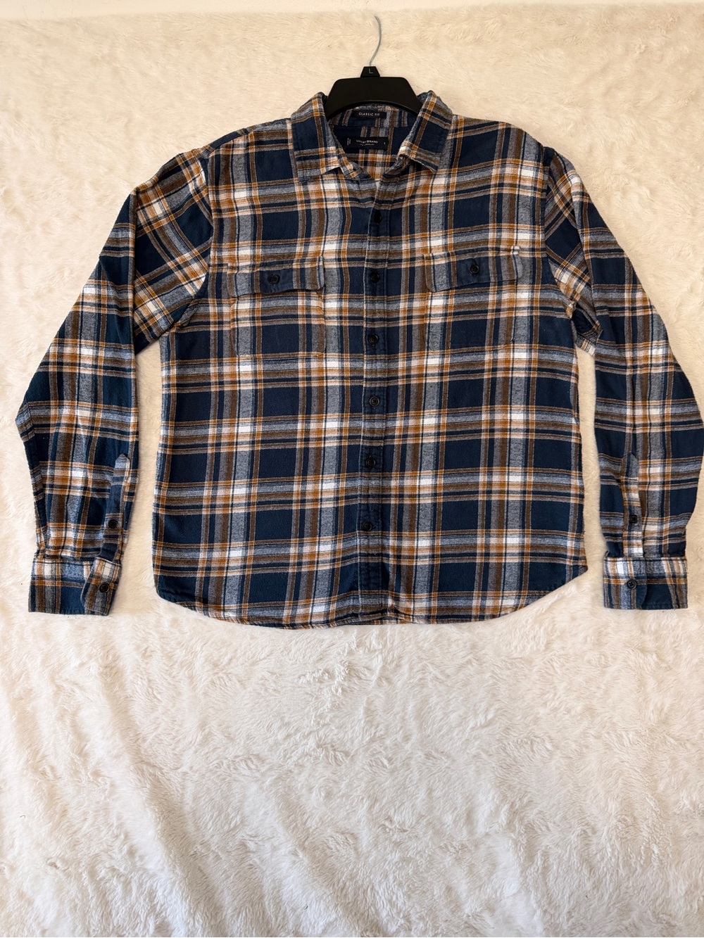 Lucky Brand Mens Large Classic Fit Plaid Flannel Shirt Navy Brown